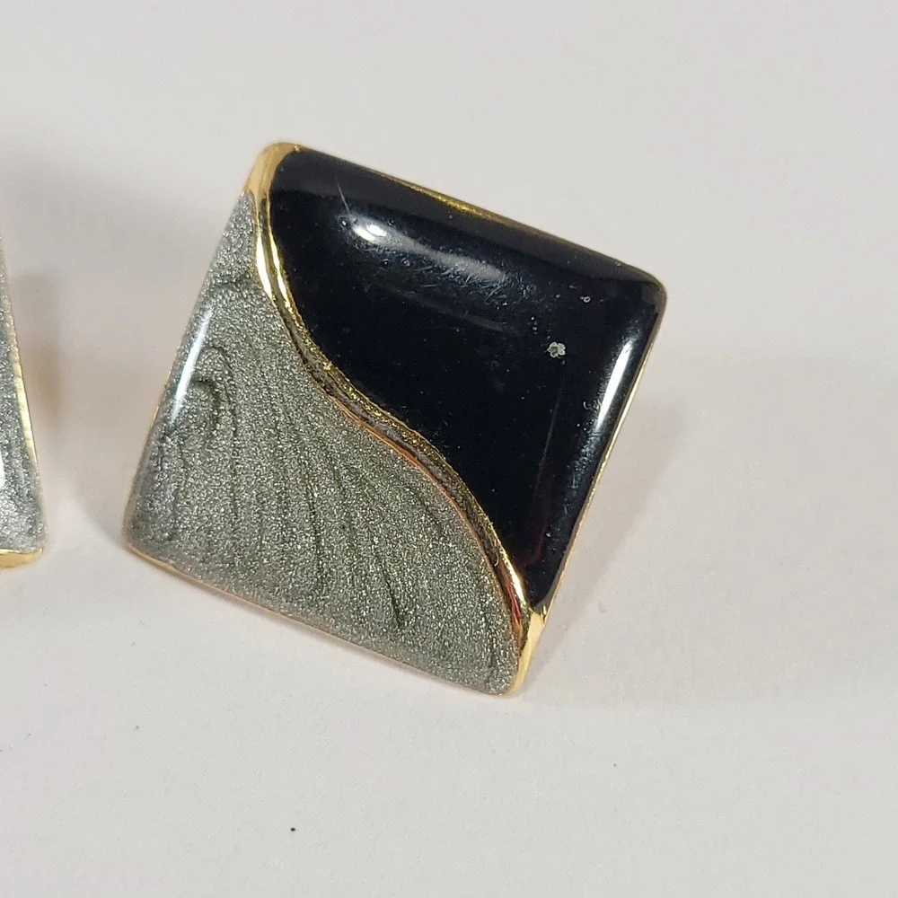 Vintage Square Stud Earrings Black Silver Geometric Wave Enamel Gold Jewelry